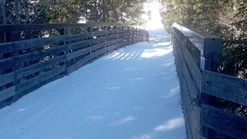 Un pont en bois recouvert de neige, entouré d’arbres.