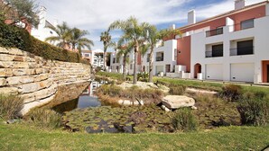 A residential area with a stone wall, a small pond with lily pads, and modern buildings with balconies.