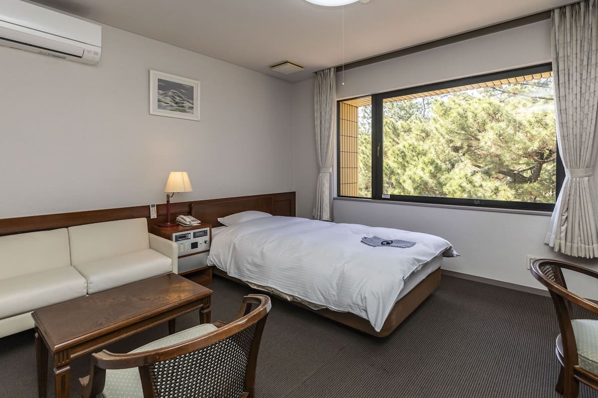 Hotelkamer met een bed, bureau, stoel, bank, airconditioning, raam met uitzicht op bomen en een schilderij aan de muur.