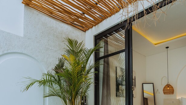 Habitación de hotel moderna con un amplio ventanal corredero, una planta en maceta, una cama y un pequeño área de piscina.