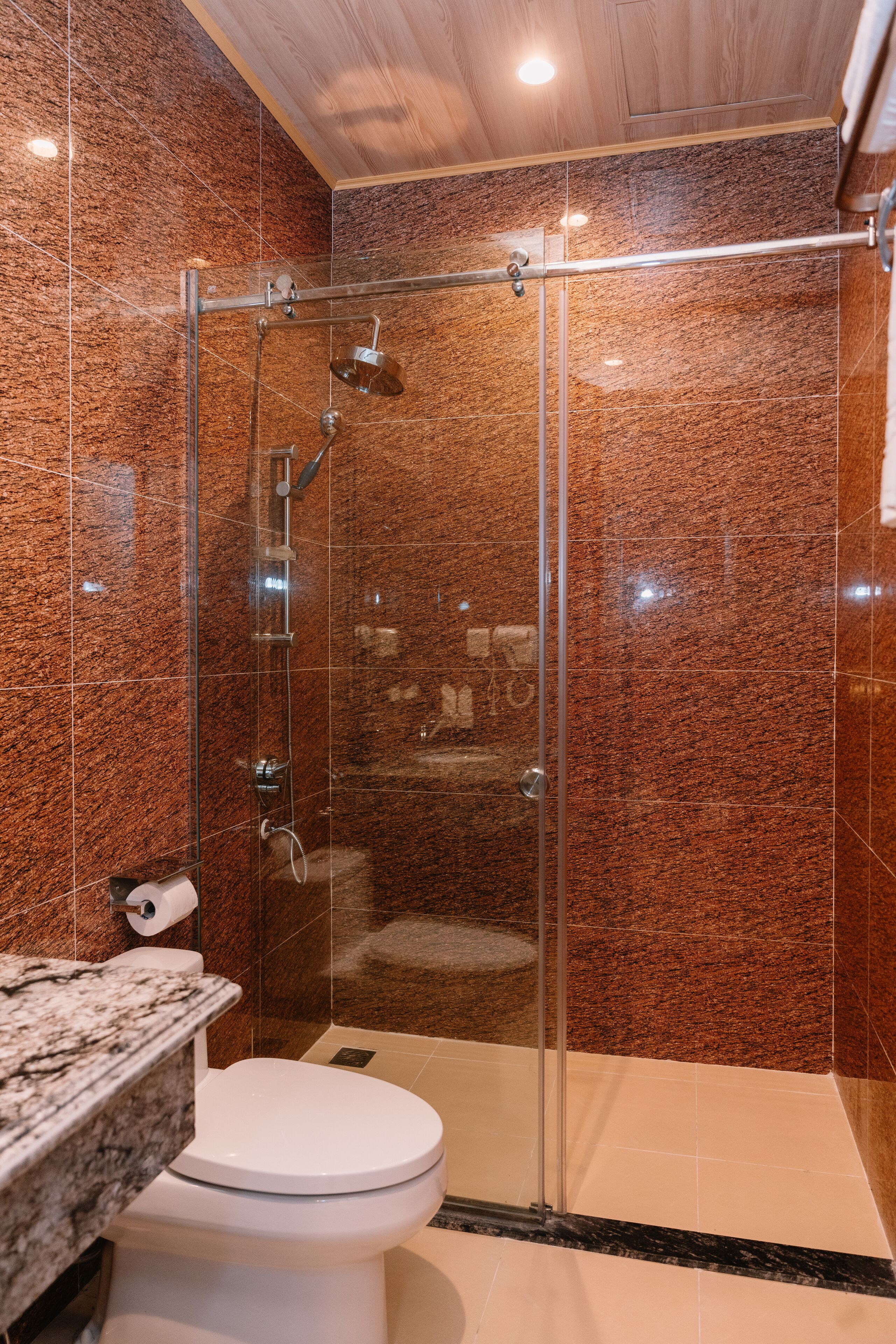 Ein modernes Badezimmer mit einer Duschkabine aus Glas, einer Marmorarbeitsplatte und einer weißen Toilette.