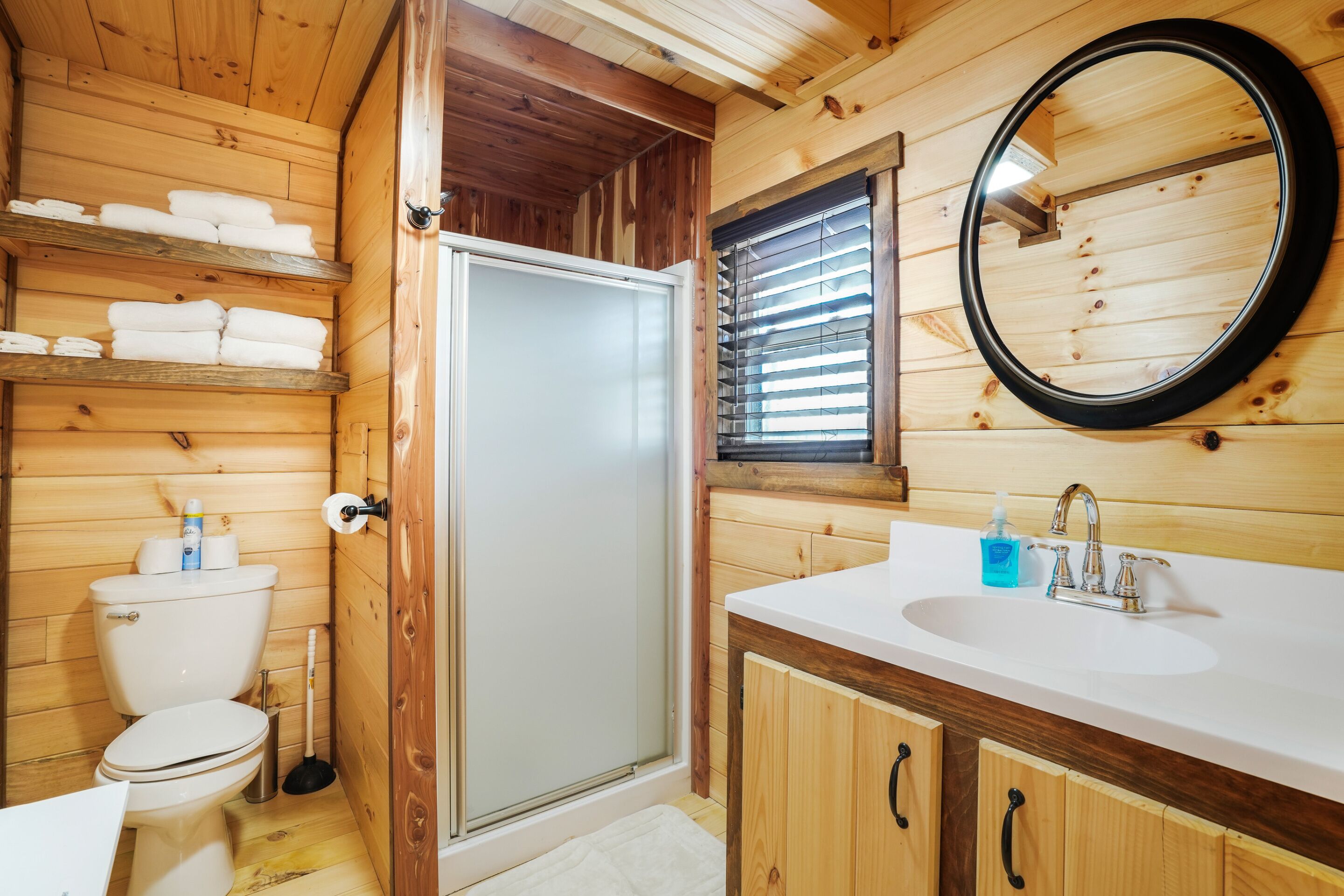 Shower, towels, soap, toilet paper