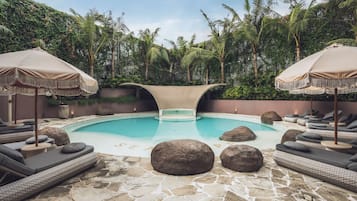 10 indoor pools, outdoor pool, pool umbrellas, sun loungers