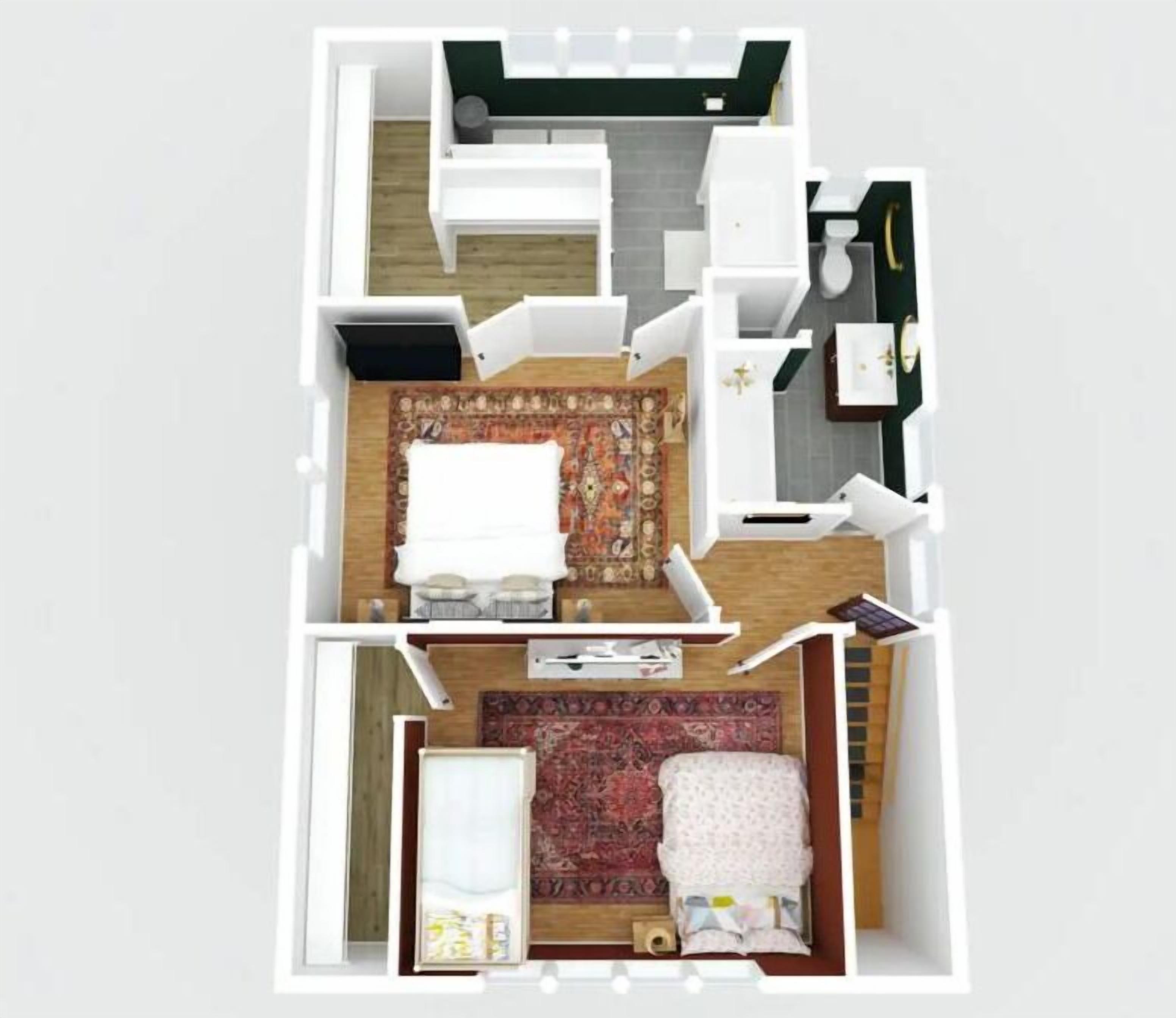 A 2-bedroom apartment layout with a living room, kitchen, and separate bedrooms.