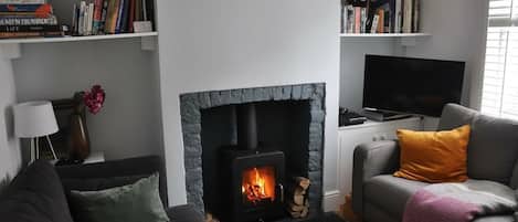 Fernseher, Kamin, Bücher, Stereoanlage