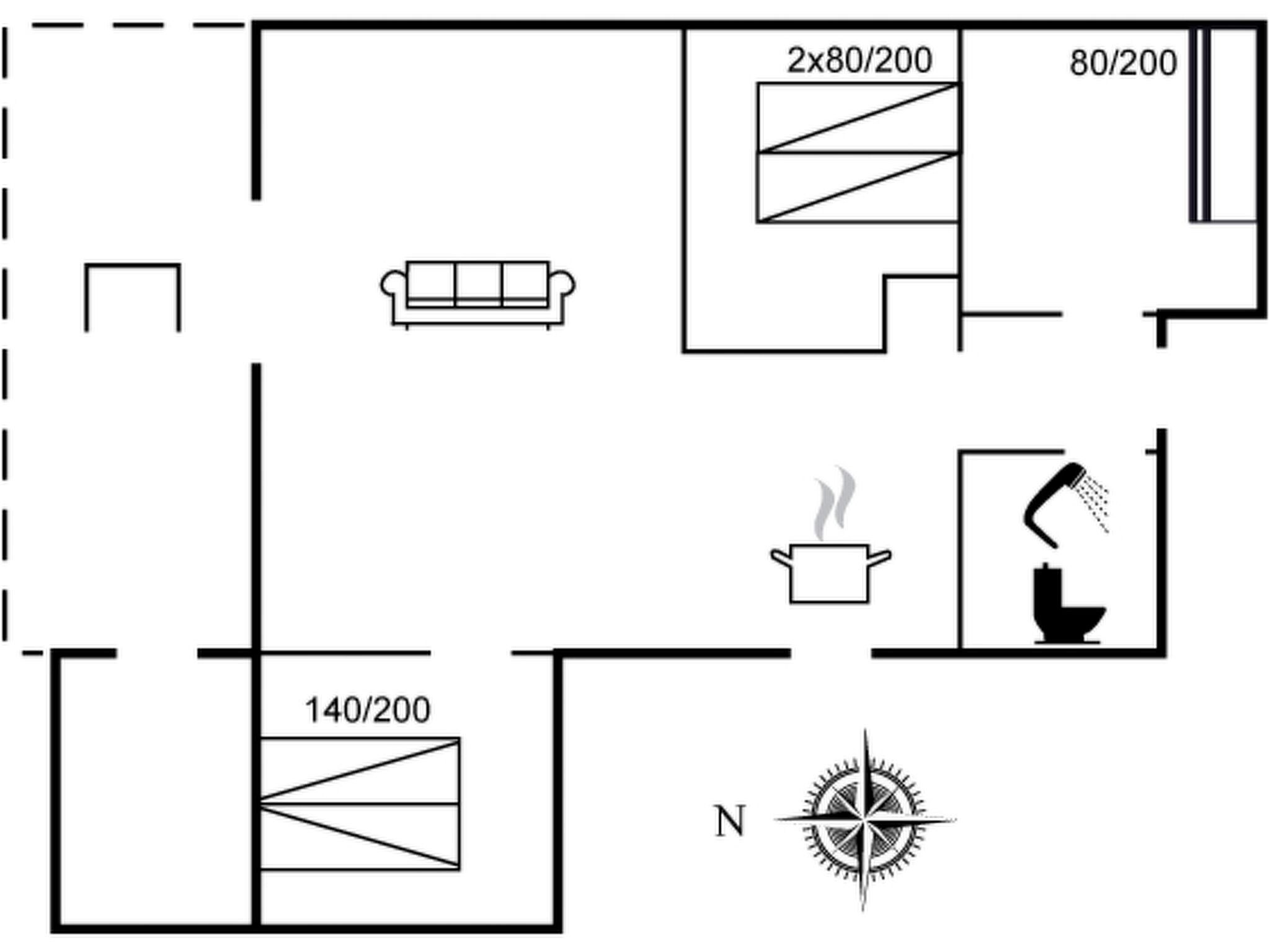 A floor plan with a kitchen, a bathroom, and a living area.