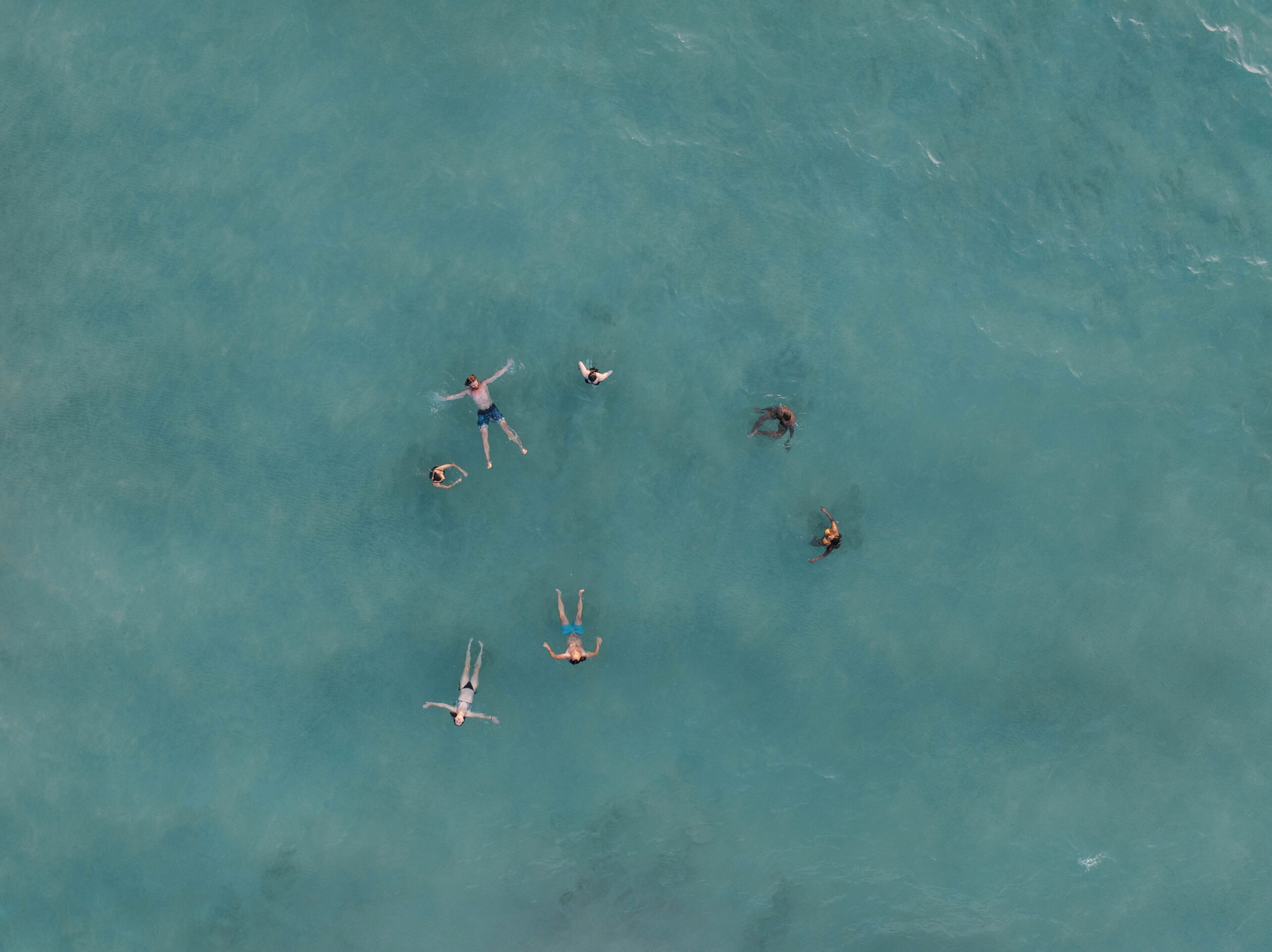Luchtbeeld van een groep mensen die in helderblauw water zwemmen.