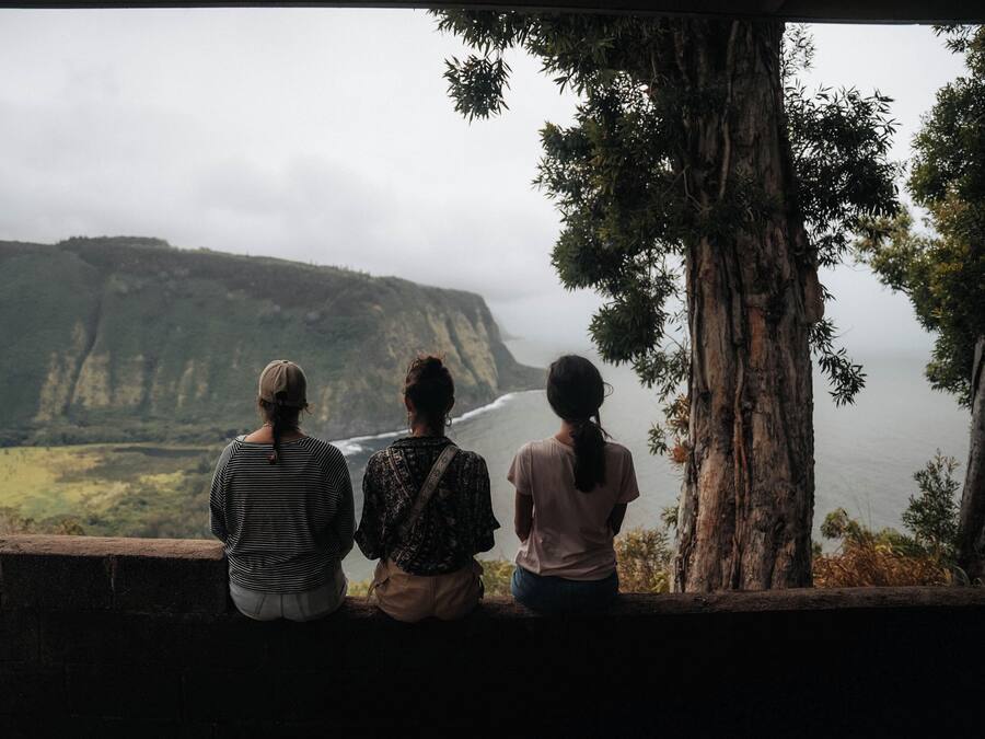 Three people sitting on a stone wall overlooking a coastal landscape with cliffs and a tree.