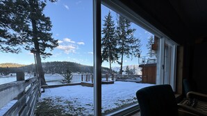 Una stanza con un'ampia finestra che si affaccia su un paesaggio innevato, con alberi e un lago.