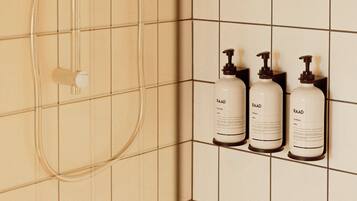 Shower, eco-friendly toiletries, hair dryer, soap