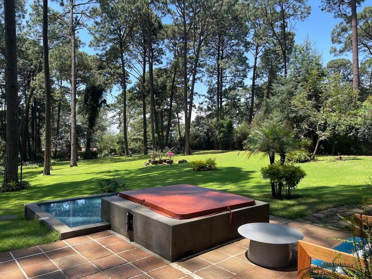 Un patio trasero con piscina, jacuzzi y zona de estar al aire libre, rodeado de árboles.