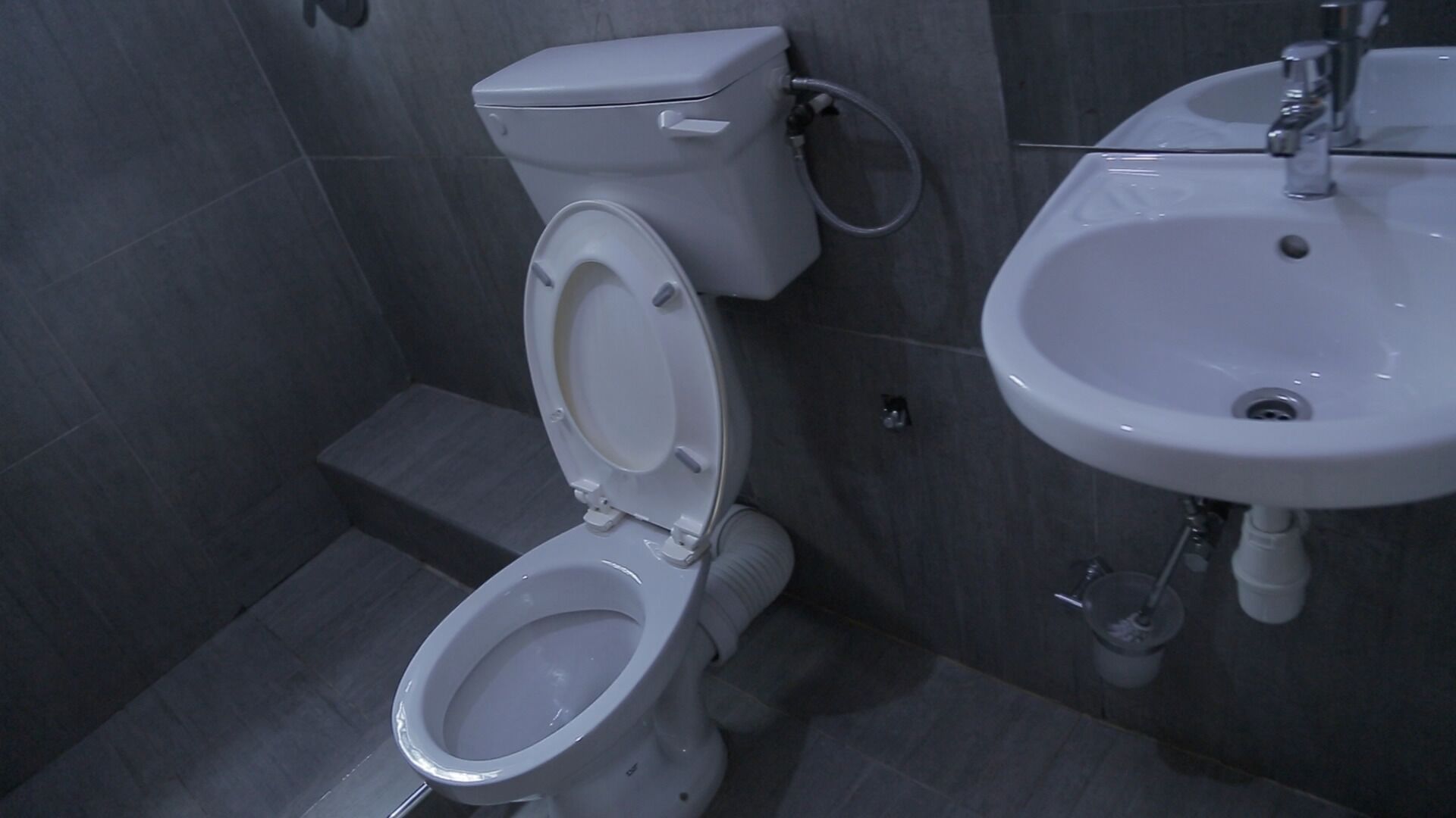 Moderni kylpyhuone, jossa on wc ja pesuallas.