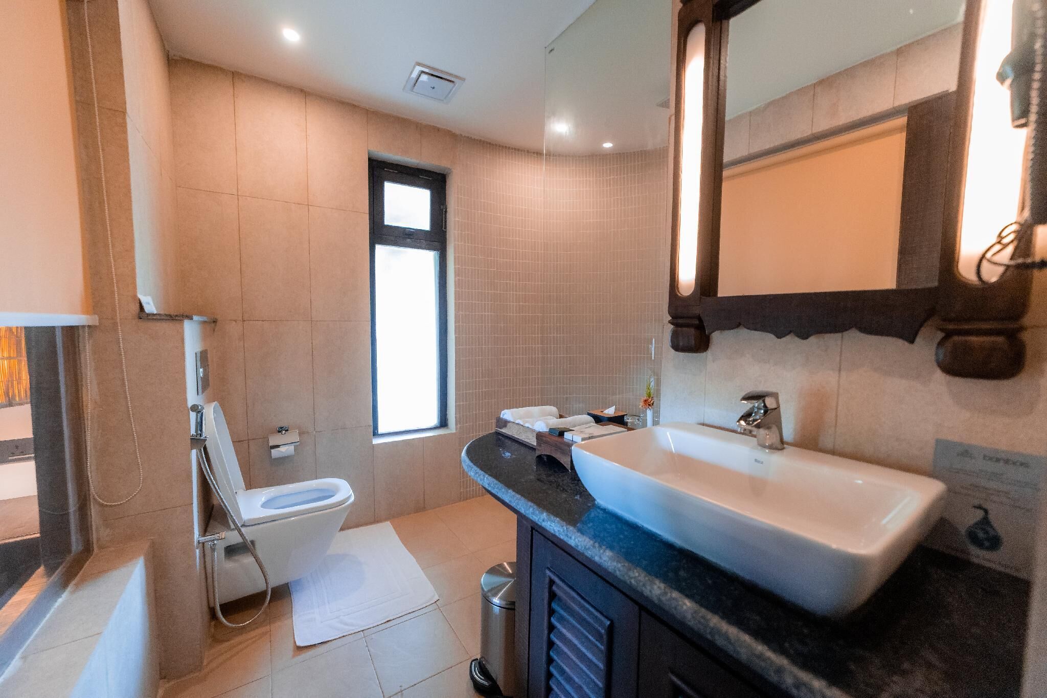 A modern bathroom with a large sink, toilet, and shower.