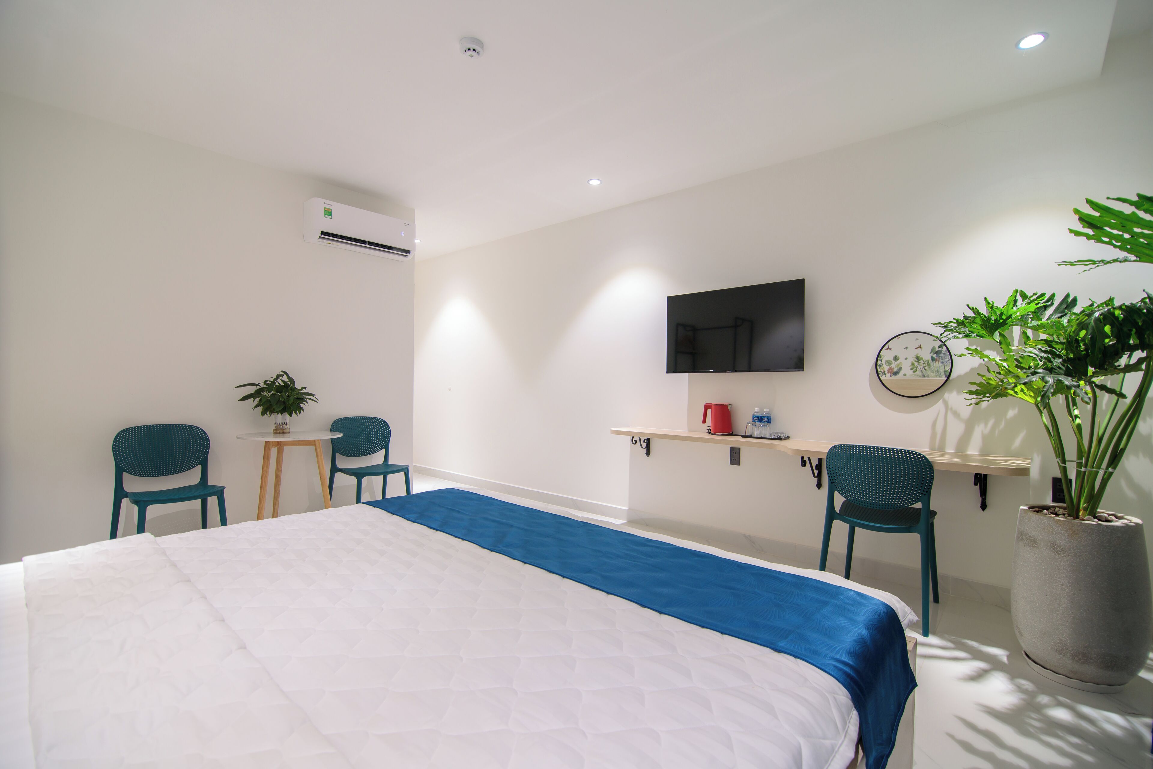A hotel room with a bed, two chairs, a small table, a TV, and a potted plant.