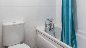 Hair dryer, towels, soap, toilet paper