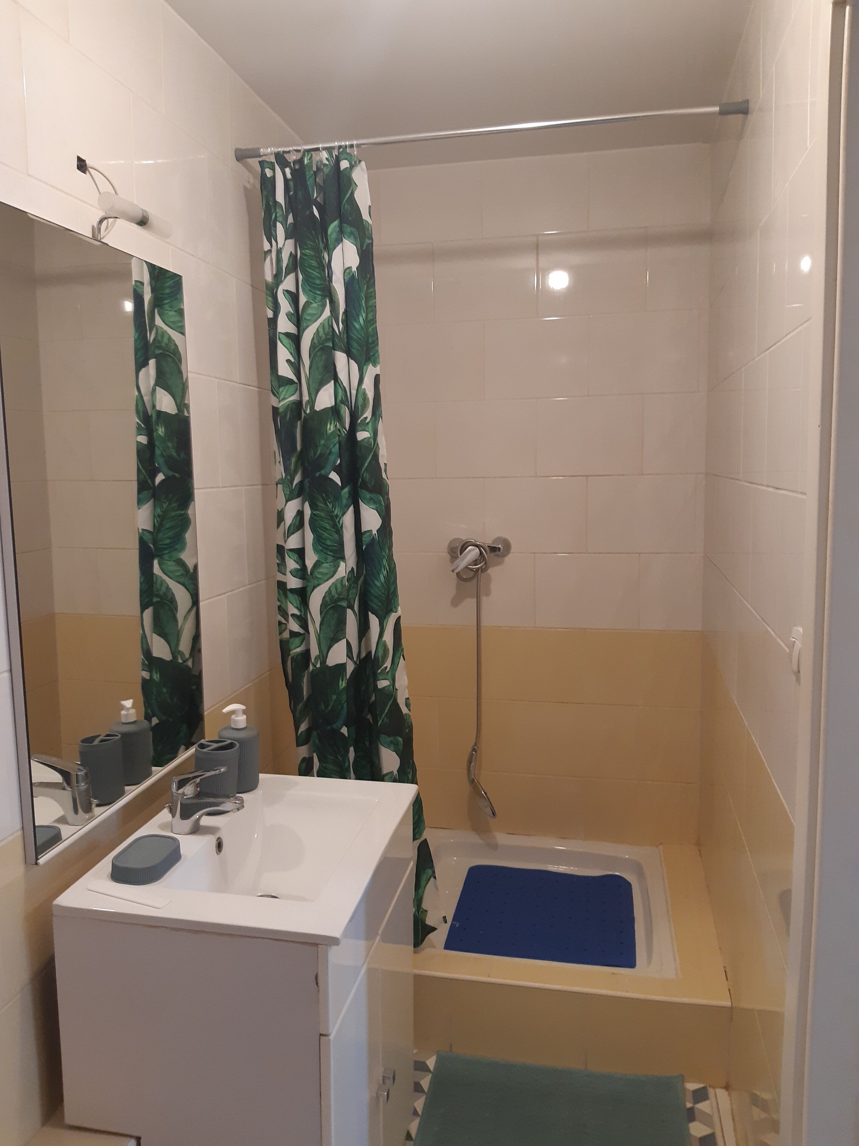 Douche, serviettes fournies, savon, shampoing