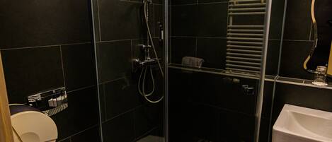 A bathroom with a glass-enclosed shower, a toilet, and a sink.
