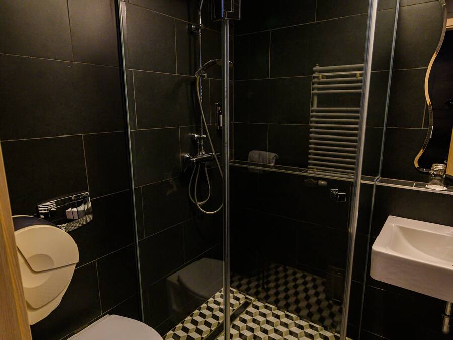 A bathroom with a glass-enclosed shower, a toilet, and a sink.
