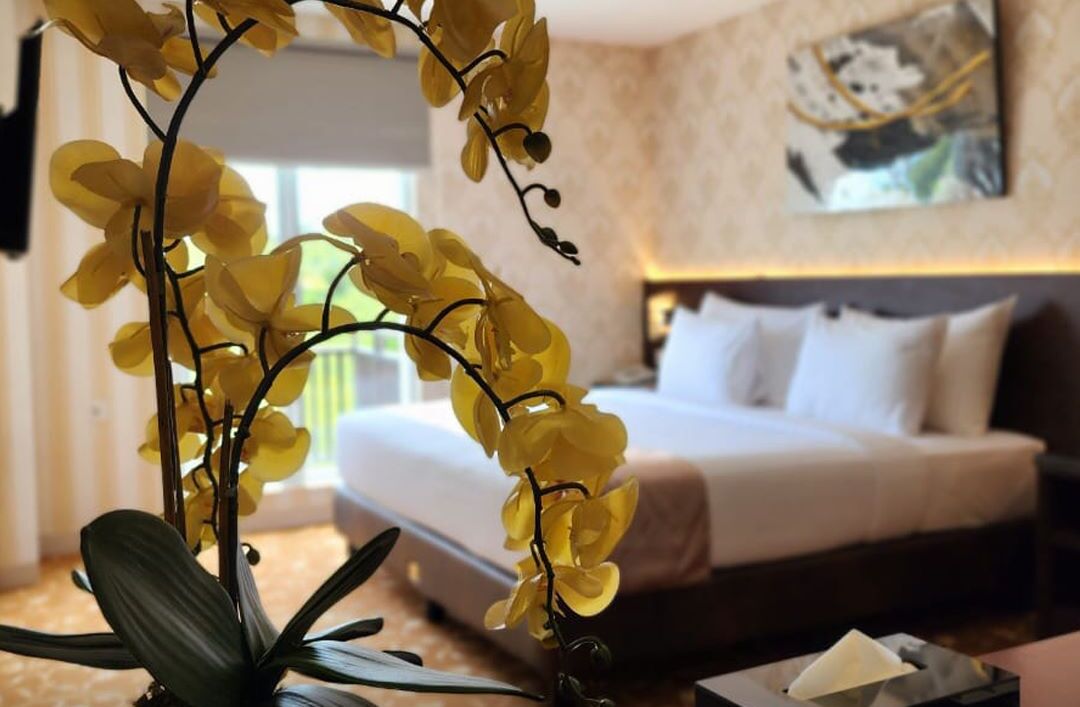 A hotel room with a bed, a bedside table with a tissue box, and a yellow orchid plant in the foreground.