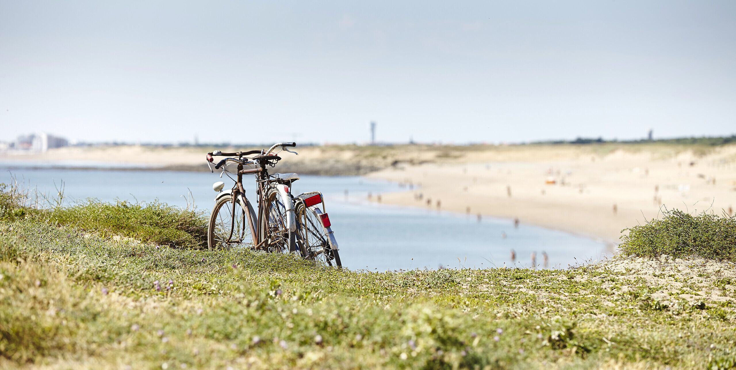 A beach with bicycles parked near the water's edge.