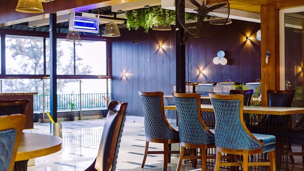 A restaurant interior with wooden tables and chairs, hanging plants, and decorative wall lighting.