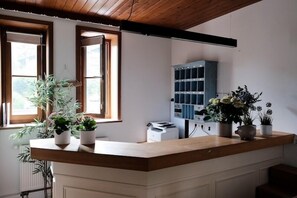 A kitchen with a wooden countertop, potted plants, and a blue cabinet.