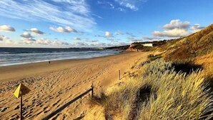 A beach with a sandy shore, a wooden fence, and a grassy cliff.