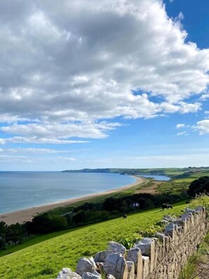 A coastal landscape with a stone wall, grassy fields, and a beach. - Watermill Cottages (Dartmouth)