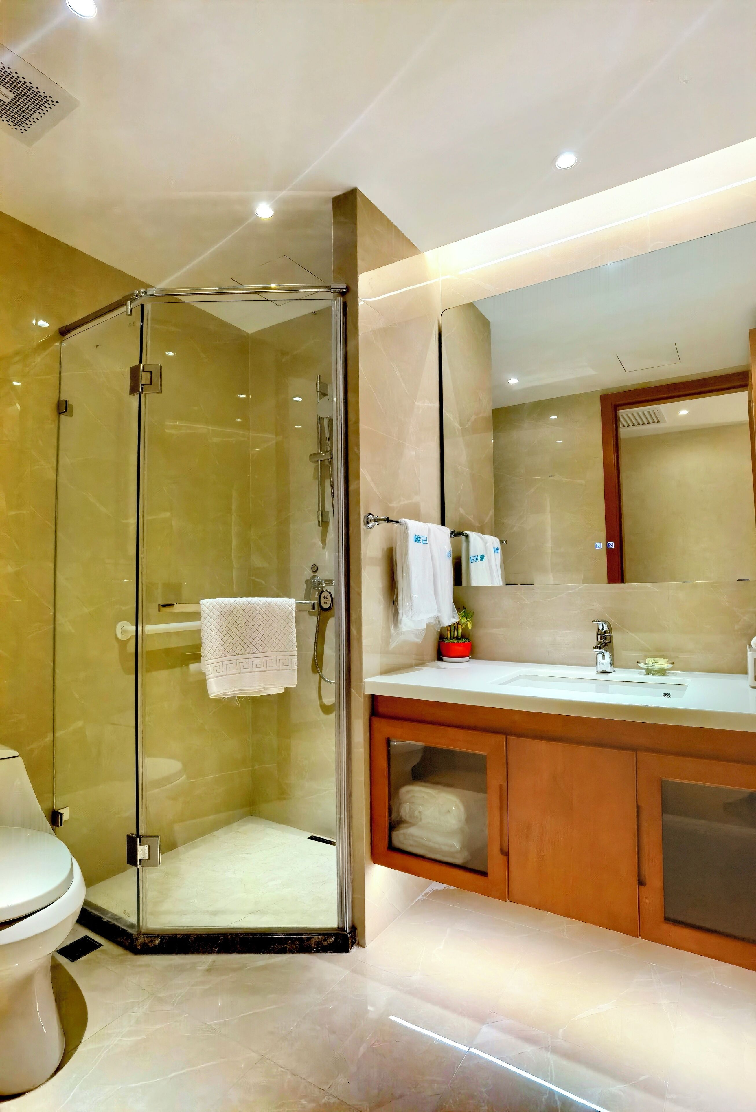A modern bathroom with a glass-enclosed shower, a vanity with a sink, and a large mirror.