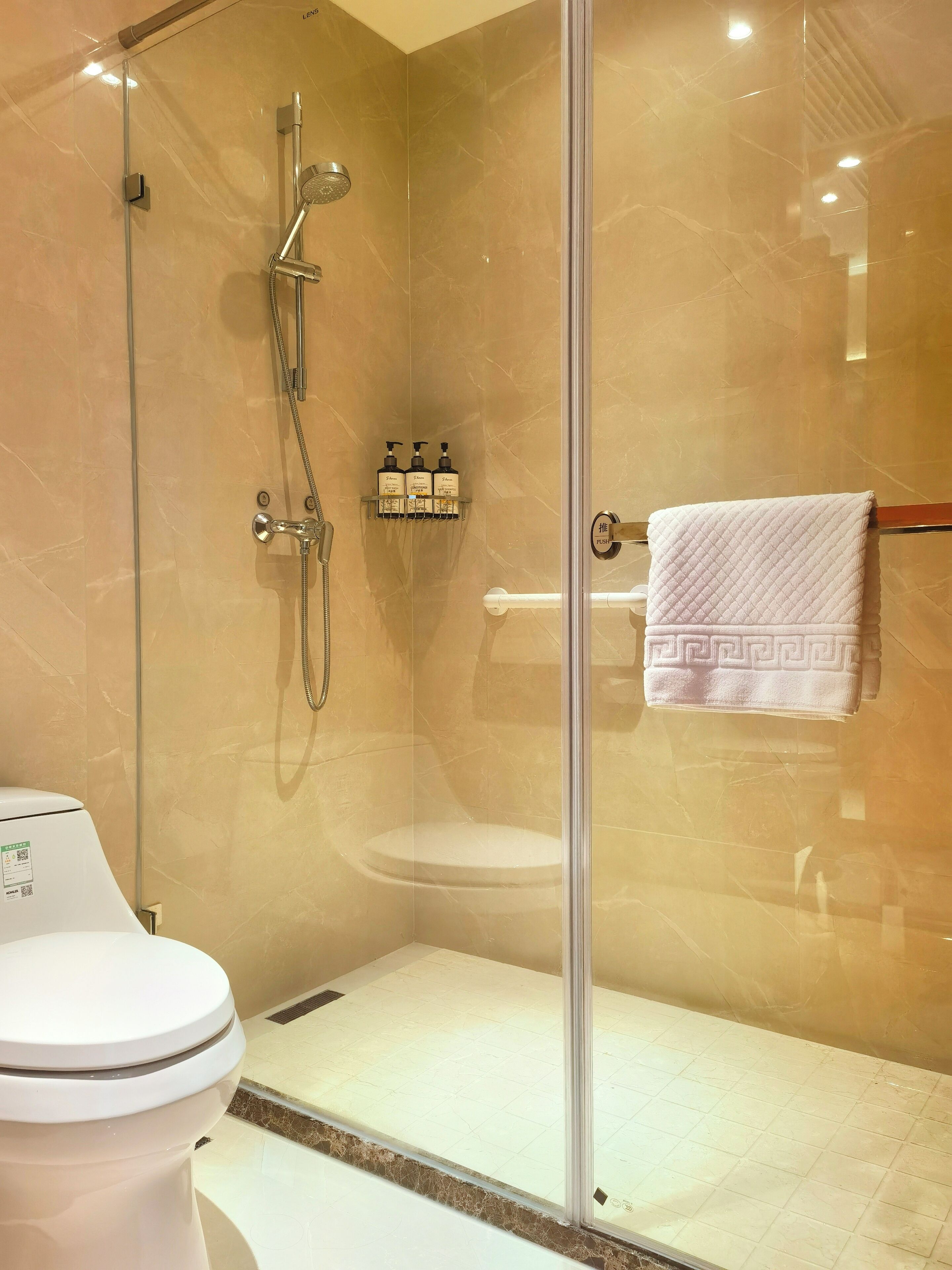 Un baño moderno con ducha de vidrio, inodoro y barra para toallas.
