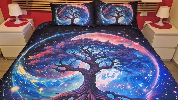 A bed with a galaxy-themed bedspread, two bedside lamps, and a nightstand with a lamp. - Lady D. Bed&breakfast  (Rome)