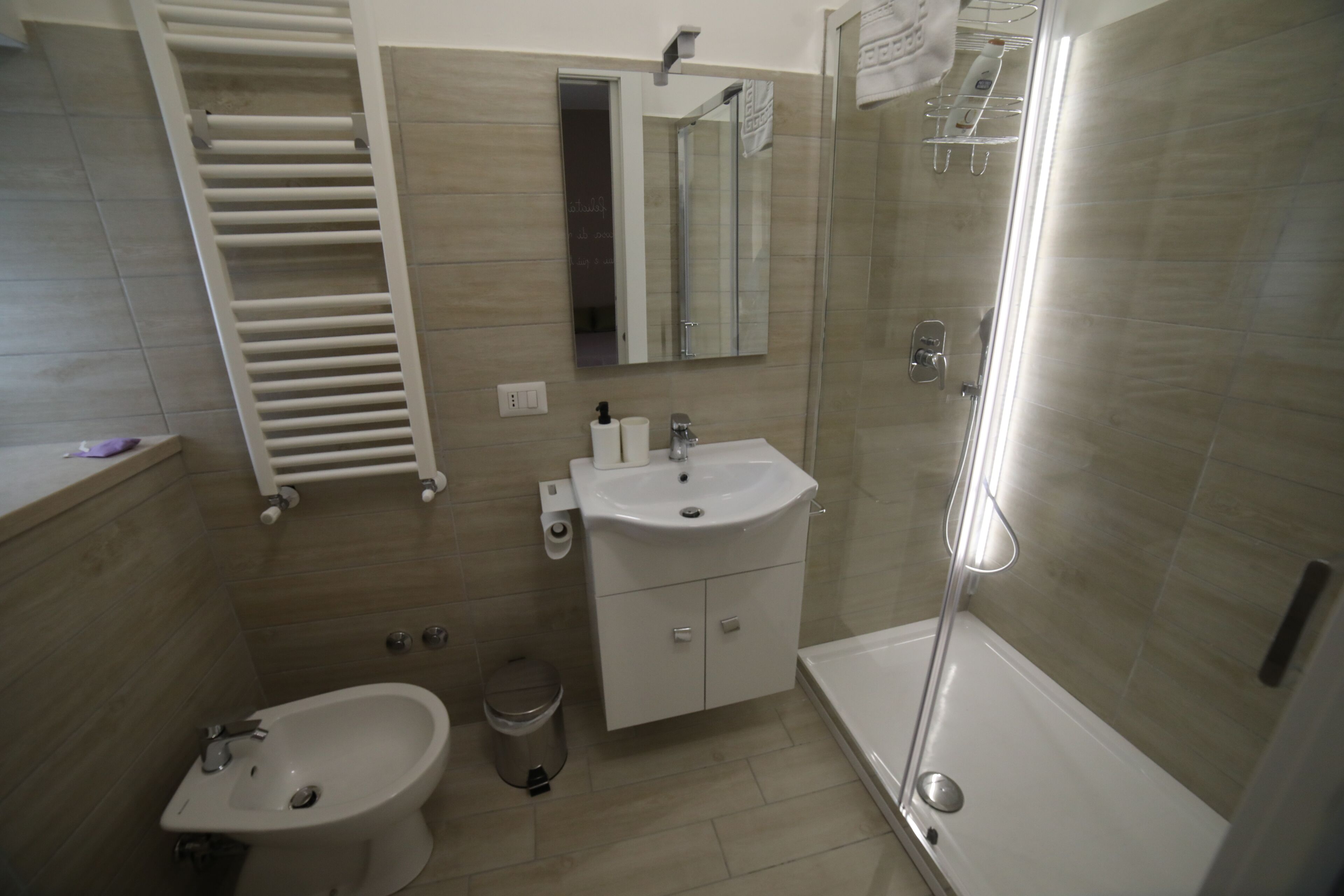 A modern bathroom with a bidet, a sink, a mirror, and a shower.
