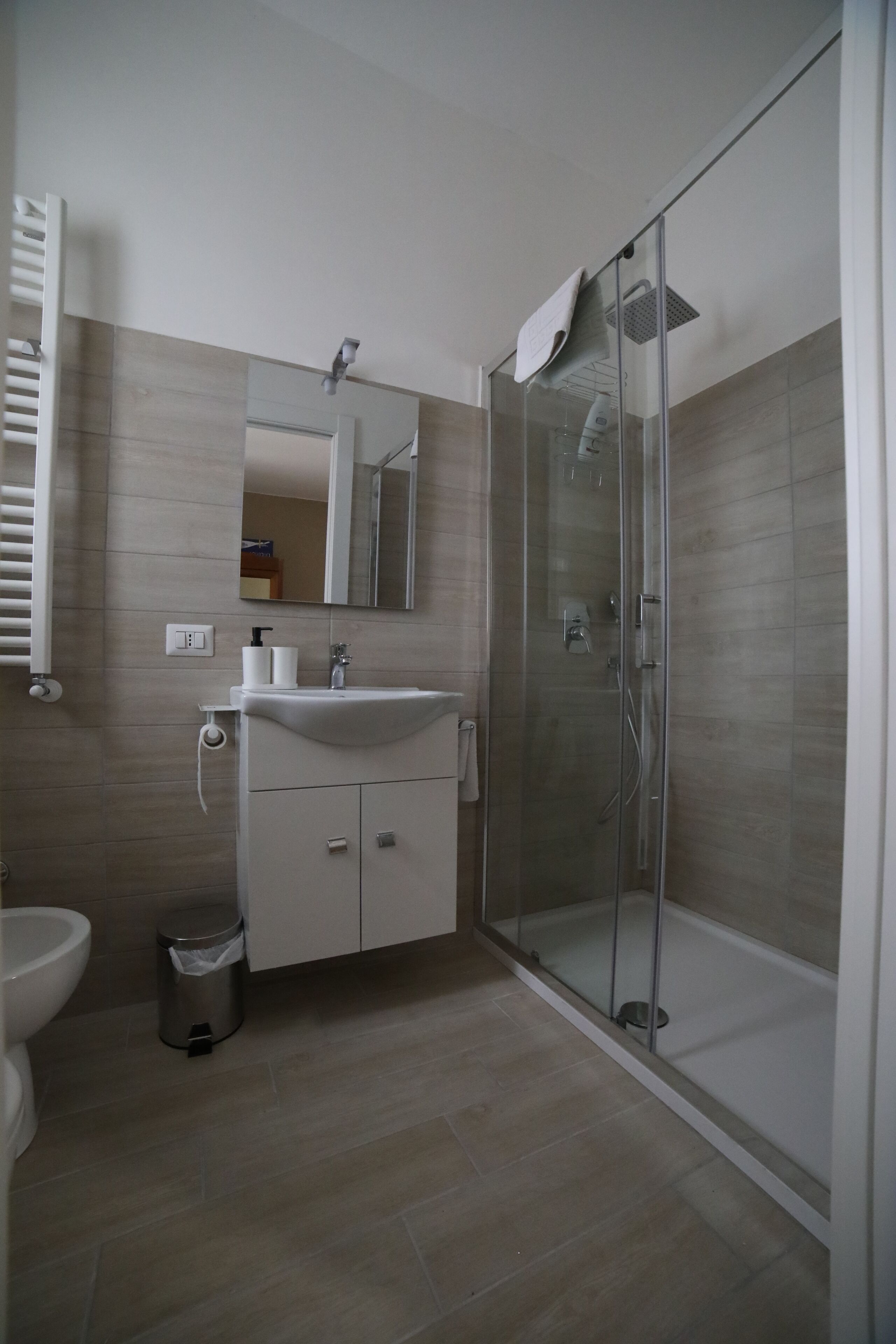 A modern bathroom with a glass-enclosed shower, a white sink, and a mirror above it.