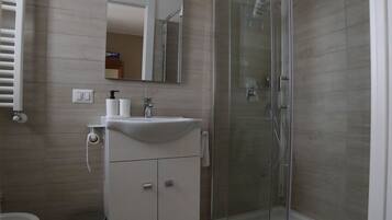 A modern bathroom with a glass-enclosed shower, a white sink, and a mirror above it.
