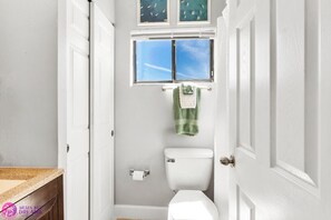 Eco-friendly toiletries, hair dryer, towels, soap