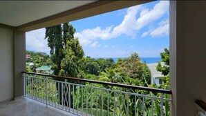 A balcony with a metal railing, overlooking a lush green landscape and a clear blue sky. - Impeccable 3-bed Villa in Anse Boileau! (Mahé Island)