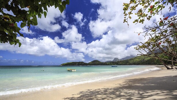 A beach with clear turquoise water, a boat, and a tree-lined shoreline. - Impeccable 3-bed Villa in Anse Boileau! (Mahé Island)