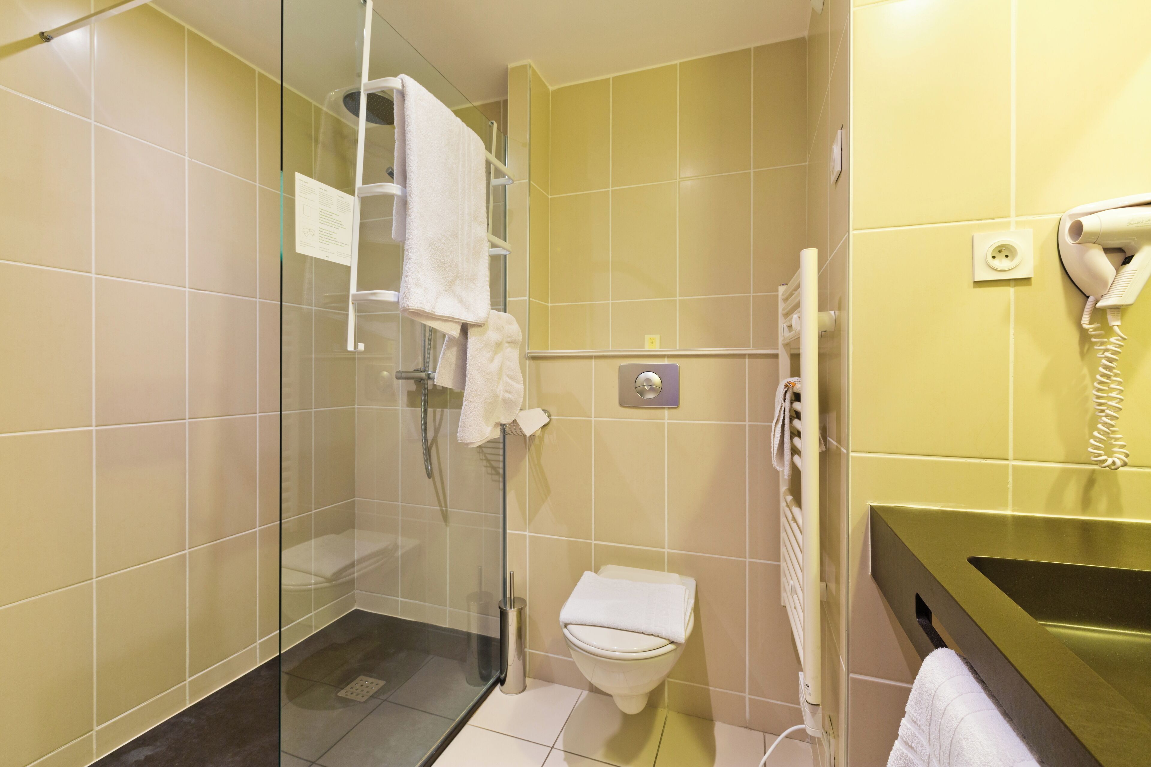 A bathroom with a glass shower enclosure, a toilet, a towel rack, and a hairdryer mounted on the wall.