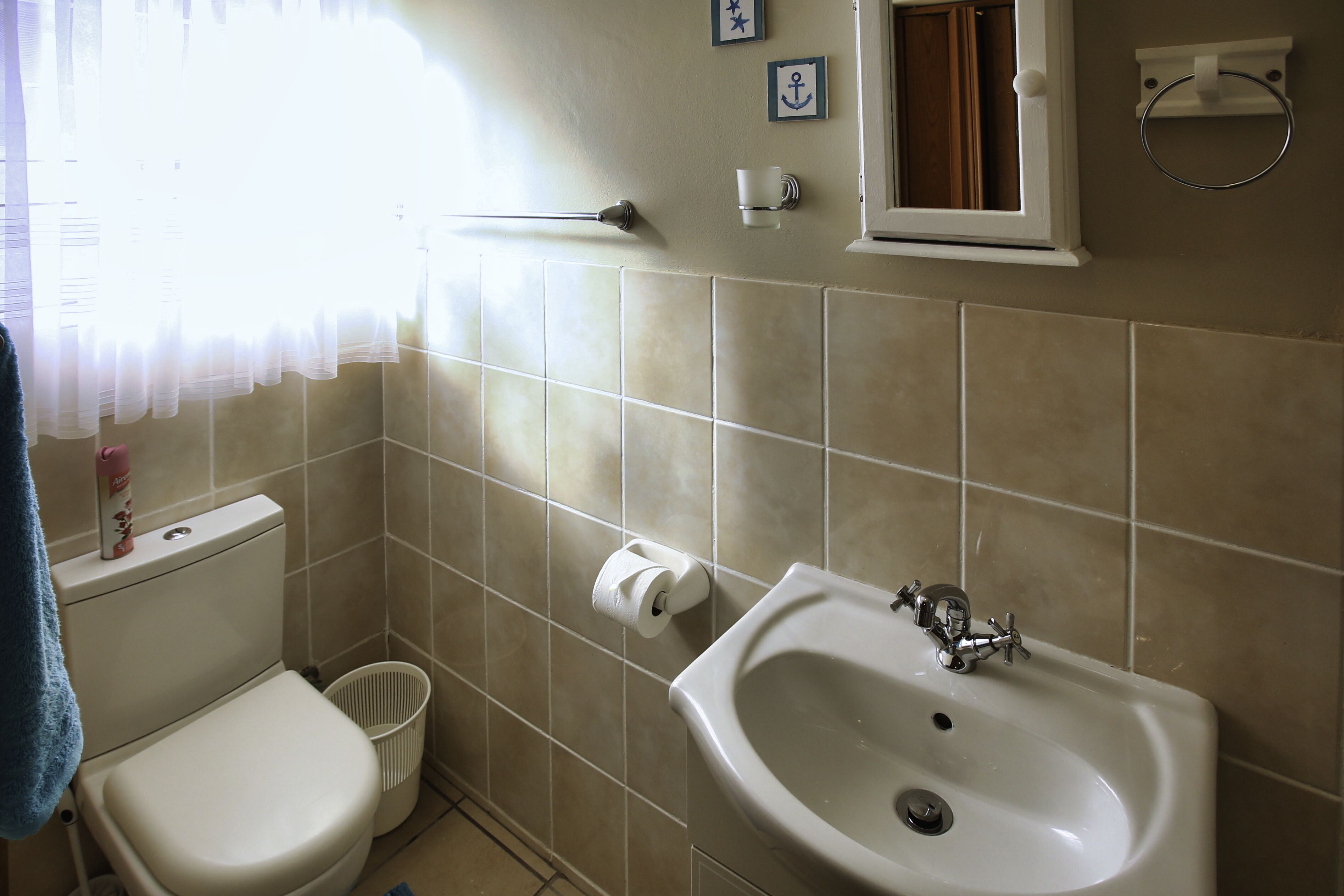 Ein Badezimmer mit Toilette, Waschbecken und einem Fenster mit Vorhängen.