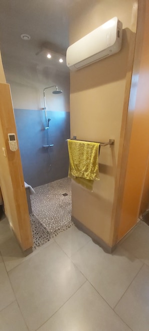 Dusche, Haartrockner, Handtücher, Seife
