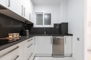 Fridge, microwave, dishwasher, coffee/tea maker