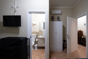 Hair dryer, towels, toilet paper