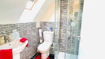 Hair dryer, towels, soap, toilet paper