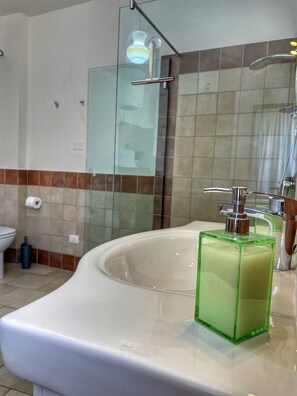 Een douche, een haardroger, een bidet, handdoeken