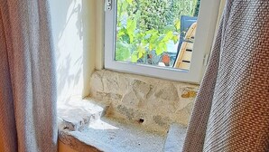 Ein Zimmer mit Fensterblick auf einen Garten, eine Steinstufe und eine Holztür.