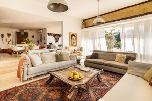 Talo, patio, näköala puutarhaan | Oleskelualue | 55–tuumainen äly-TV, jossa digitaalikanavat