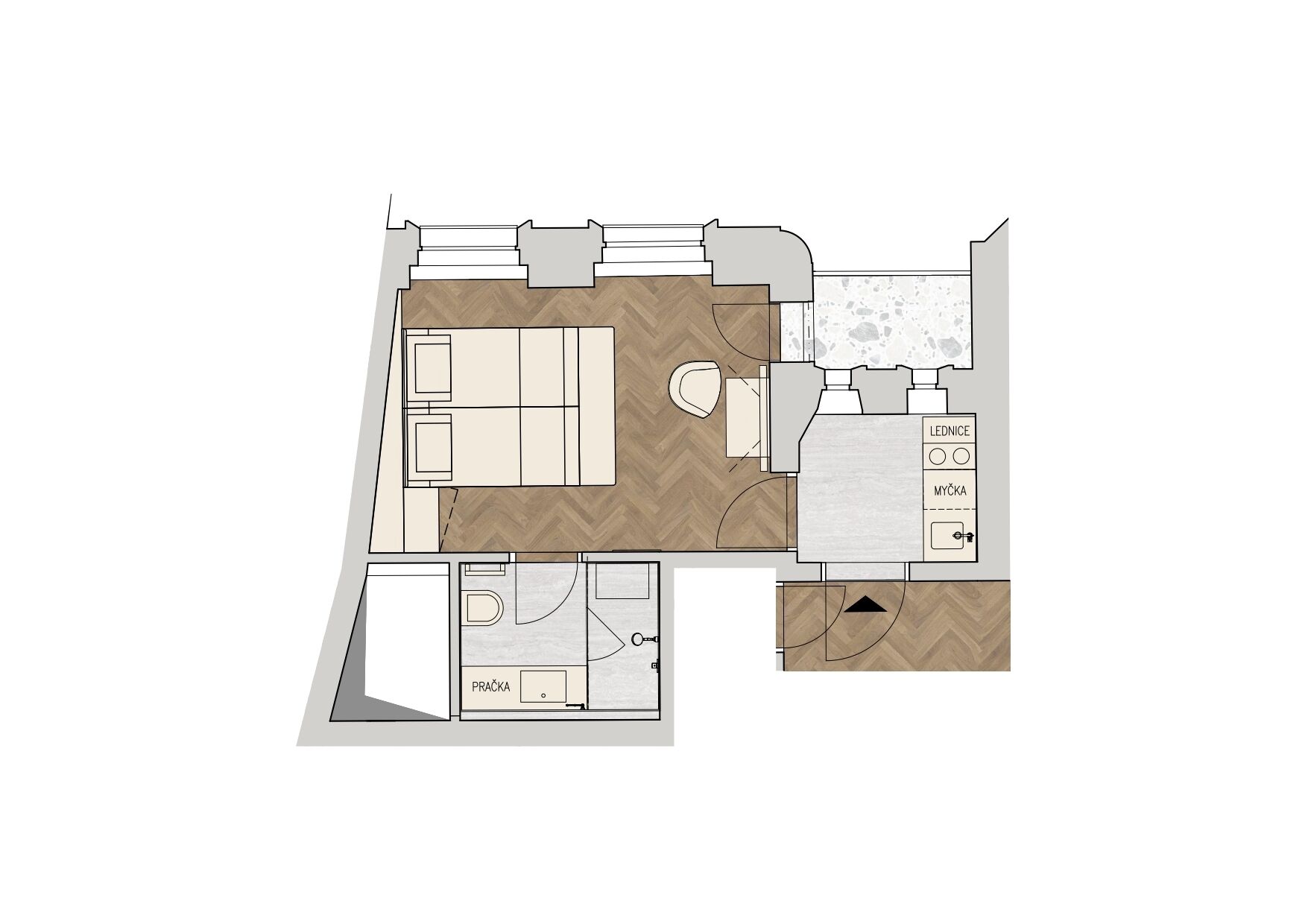 Plano de planta de un hotel que incluye sala de estar, cocina, baño y un pequeño balcón.