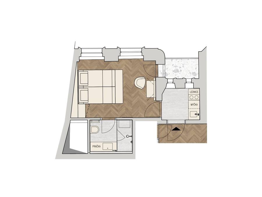 Plano de planta de un hotel que incluye sala de estar, cocina, baño y un pequeño balcón.