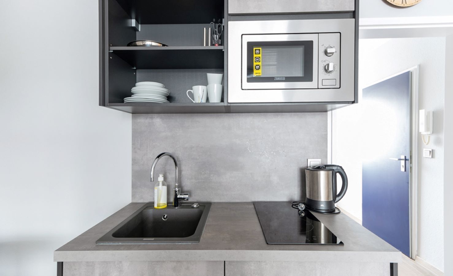 Fridge, microwave, stovetop, espresso maker