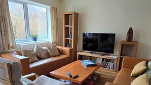 Una sala de estar con sofá, sillón, mesa de centro, televisor, estantería y ventana con cortinas.